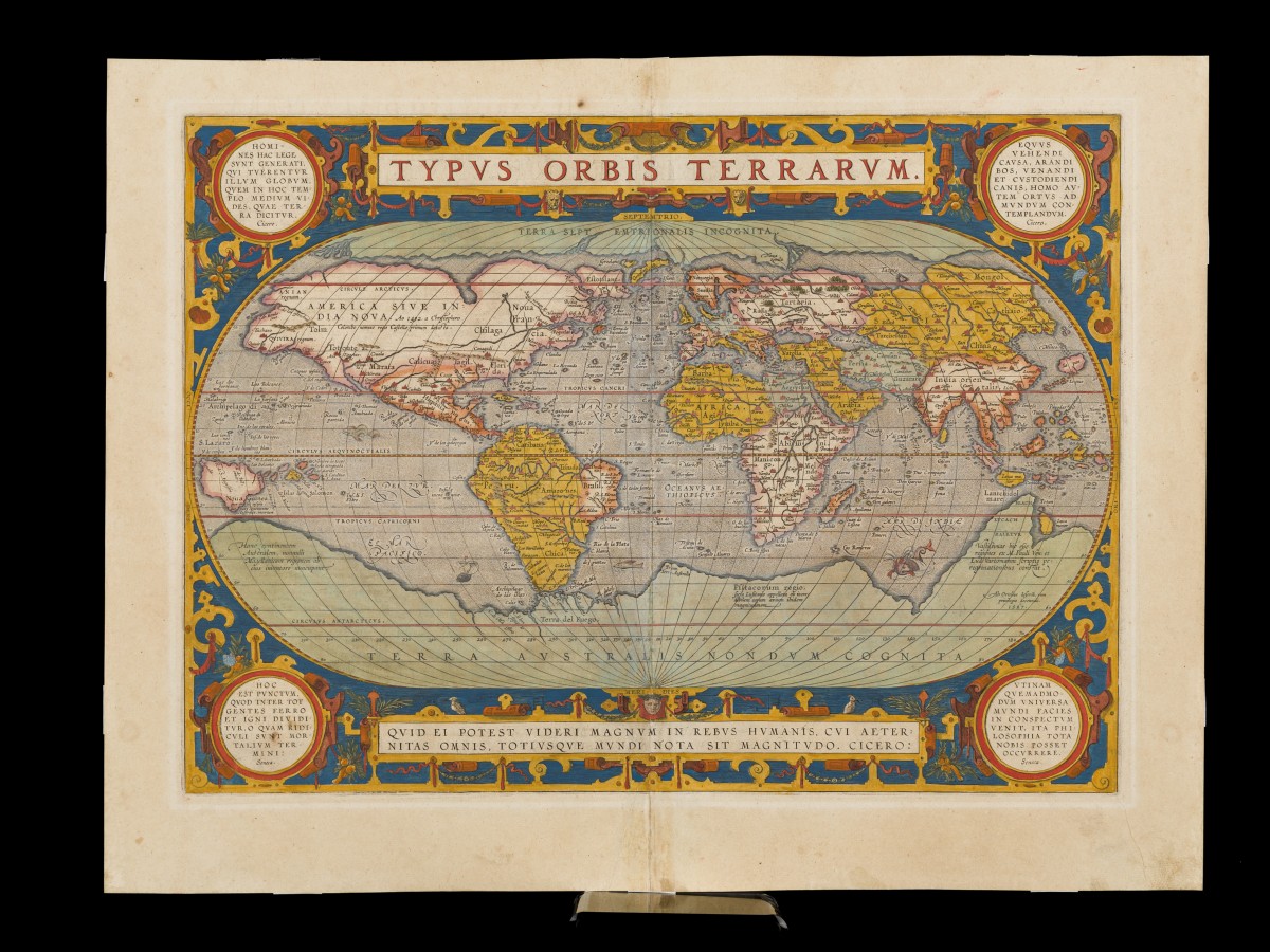 Abraham Ortelius (Antwerpen 1527 - 1598), Wereldkaart - Typys Orbis Terrarum, Amsterdam, 1570.