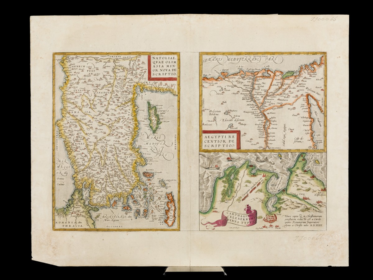 Abraham Ortelius (Antwerpen 1527 - 1598), Drie landkaarten van diverse regio's: het Midden-Oosten, Egypte en Carthago - Natoliae quae olim Asia Minor (...), Aegypti (...), Carthaginis, ca. 1570.