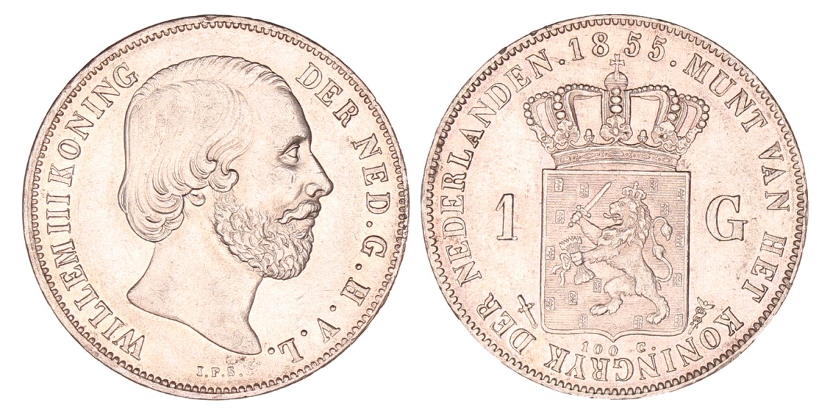 1 Gulden. Willem III. 1855. UNC -.