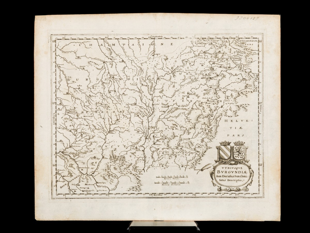 Caspar Merian (Frankfurt a. M. 1627 - 1686 Wieuwerd, Friesland), Landkaart van Bourgondië - Utriusque Burgundiae, Frankrfurt am Main, ca. 1660.