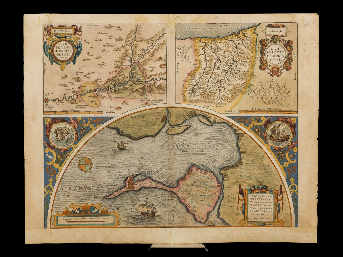 Abraham Ortelius (Antwerpen 1527 - 1598), Landkaart van (3) regio's in Spanje: Toledo, Gipuzkoa (Baskenland) en de Golf van Cádiz - Carpetaniae partis descr. 1584 / Guipus Coae Regiones Typus / Hanc Insulam Perlustrabat (...), Antwerpen, ca. 1584.