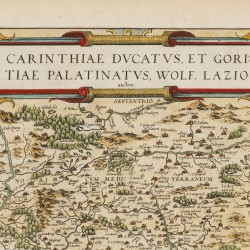 Abraham Ortelius (Antwerpen 1527 - 1598), Landkaart van (3) regio's in Europa: 'Drava' (Karinthië, Oostenrijk), Adriatische Zee, Zadar en Sibenik (Kroatië) - Carinthiae Ducatus(...) / Maris Hadriatic Pars / Zarae(...), Antwerpen, ca. 1590.