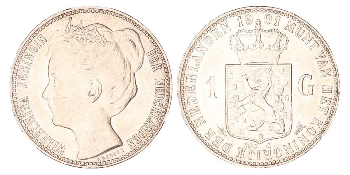 1 Gulden. Wilhelmina. 1901. Prachtig / UNC.