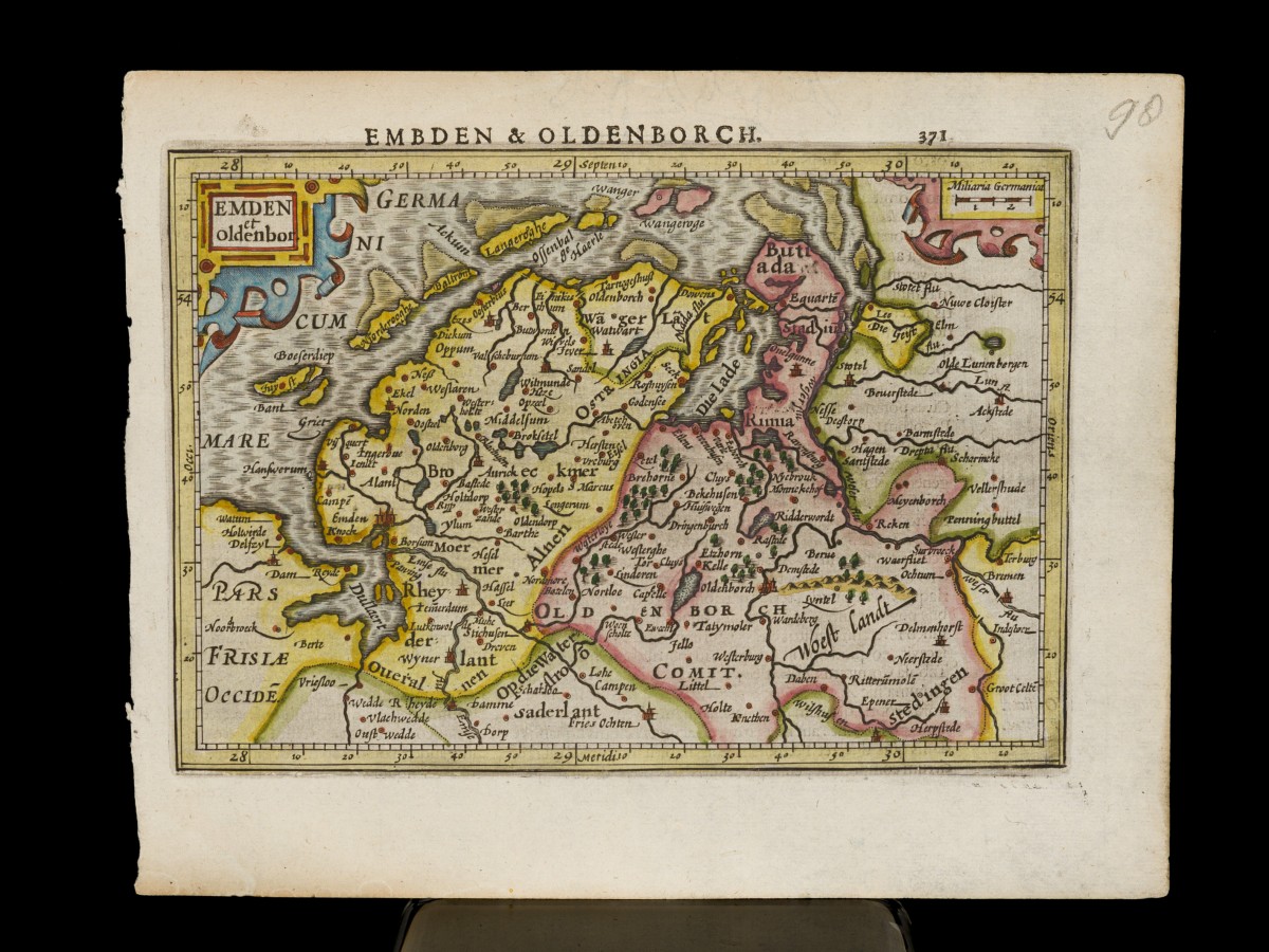 Gerhard MERCATOR (1512-1594), Landkaart voorstellende Emden & Oldenborch, uitgegeven in Duisburg, en later Amsterdam, (1585-95) 1613.