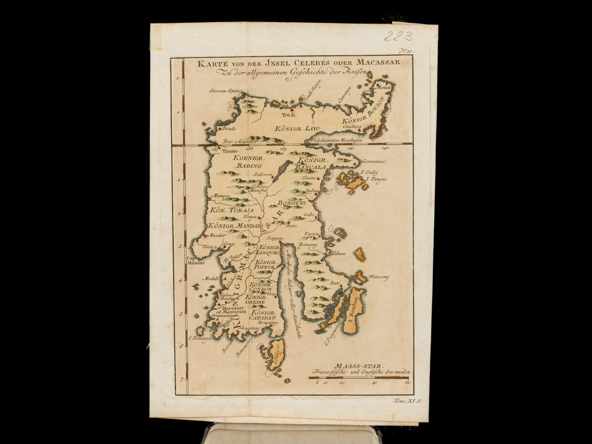 Maker onbekend, Landkaart van Celebes (Sulawesi) / Makassar - Karte von der Insel Celebes oder Macassar (D'Abbeville?), 1754.