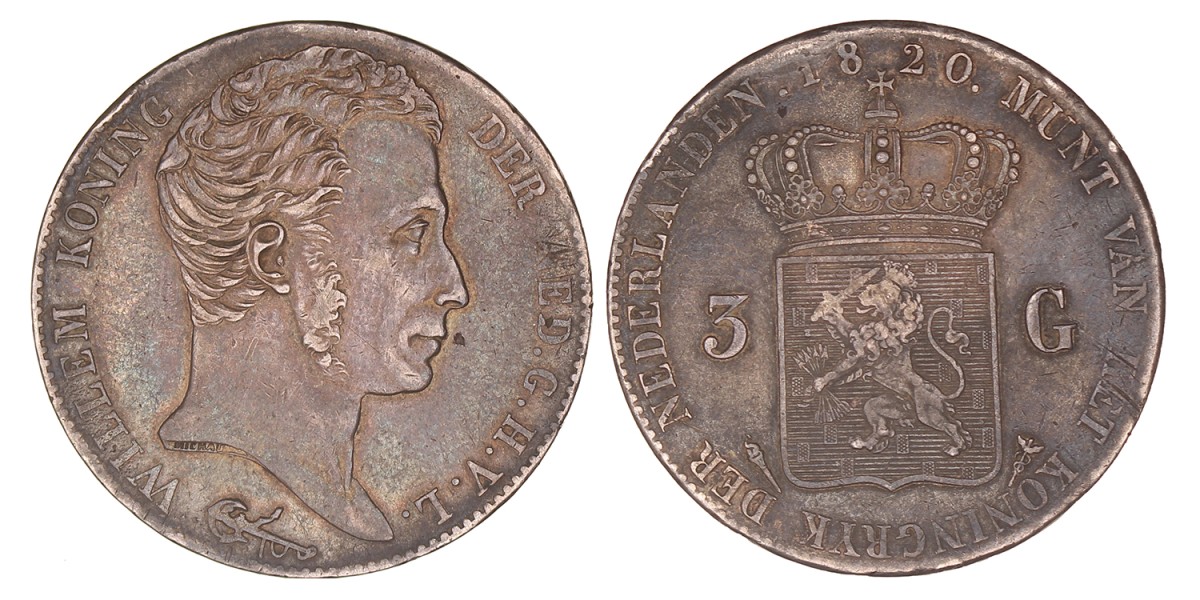 3 Gulden. Willem I. 1820 U. Zeer Fraai +.