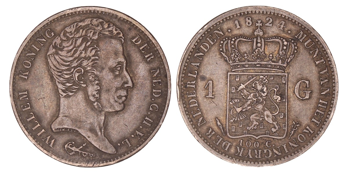 1 Gulden. Willem I. 1824 U. Zeer Fraai +.