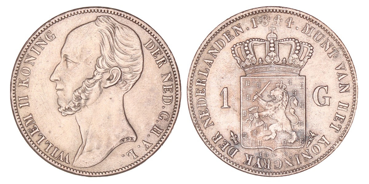 1 Gulden. Willem II. 1844. Prachtig -.