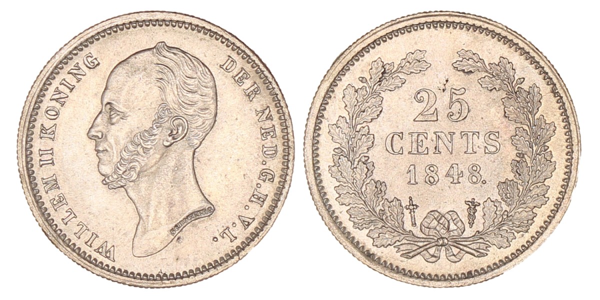 25 Cent. Willem II. 1848. UNC.