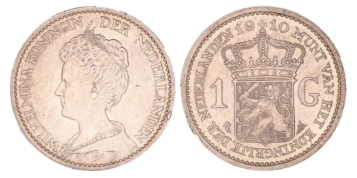 1 Gulden. Wilhelmina. 1910. Prachtig / UNC.