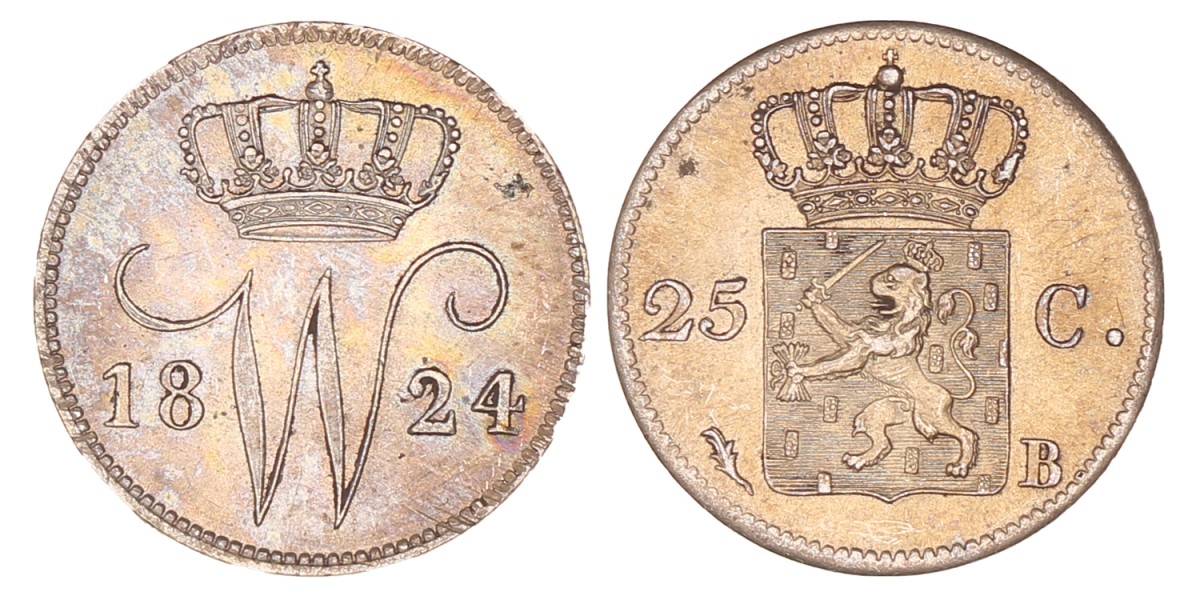 25 Cent. Willem I. 1824 B. Prachtig.