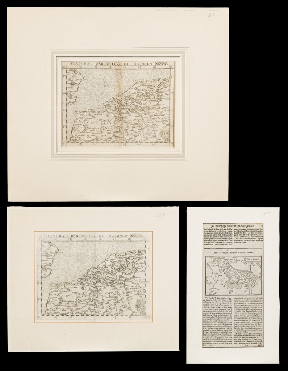 Sebastian Münster (1488 – 1552), Een lot van (3) diverse landkaarten, houtsnedes voorstellende de Nederlanden, 16e eeuw. 