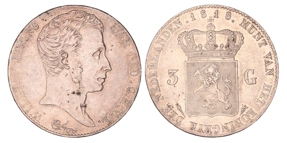 3 Gulden. Willem I. 1818 U. Zeer Fraai +.