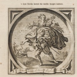 Een lot van (2) diverse emblemata gravures, voorstellingen in medaillon, allegorie op Huwelijkse Zaken en Spiegel van den Voorleden en Tegenwoordigen tijd (titelgravure), 17e eeuw. 