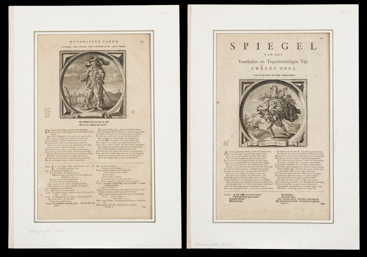 Een lot van (2) diverse emblemata gravures, voorstellingen in medaillon, allegorie op Huwelijkse Zaken en Spiegel van den Voorleden en Tegenwoordigen tijd (titelgravure), 17e eeuw. 