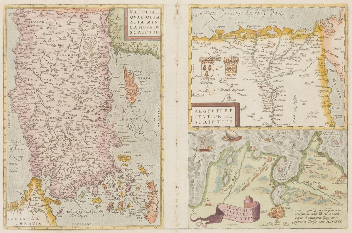 Abraham Ortelius (Antwerpen 1527 - 1598), (112), Landkaart voorstellende Anatolia, Egypte en Cartagena, 16e eeuw..