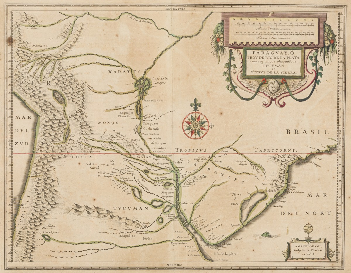 Guiljelmus BLAEU (1600-1699), Landkaart van een deel van de westkust van Latijns-Amerika, Paraguay en de Rio de la Plata - 17e eeuw.