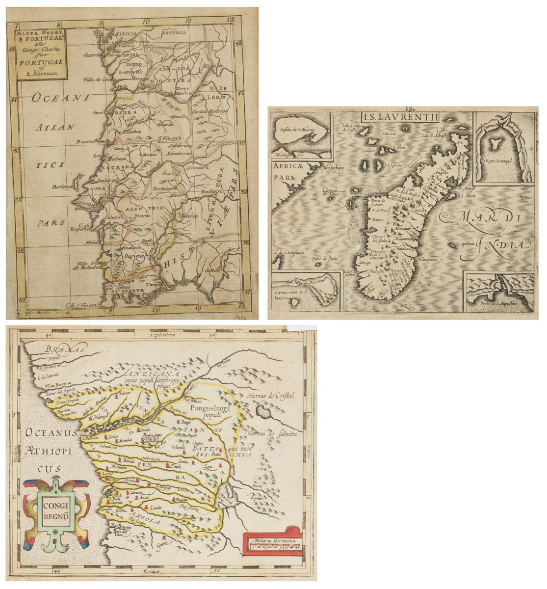 Een lot bestaande uit (3) kaarten. resp.: Chatelain, Madagaskar; Akkerman, Portugal; Onbekende maker, De omgeving van Congo, 18e eeuw.