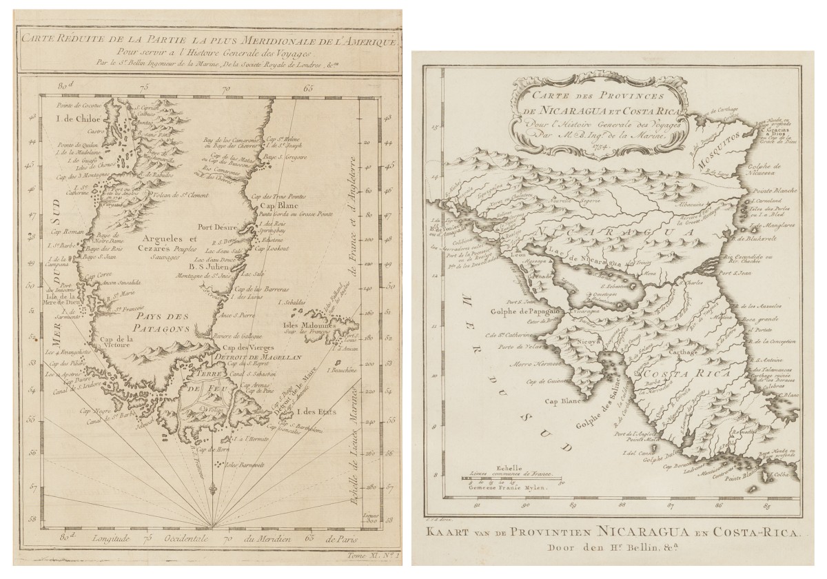 Jacques Nicolas Bellin (1703 - 1772), Een landkaart van Patagonië en van Nicaragua, 1754.
