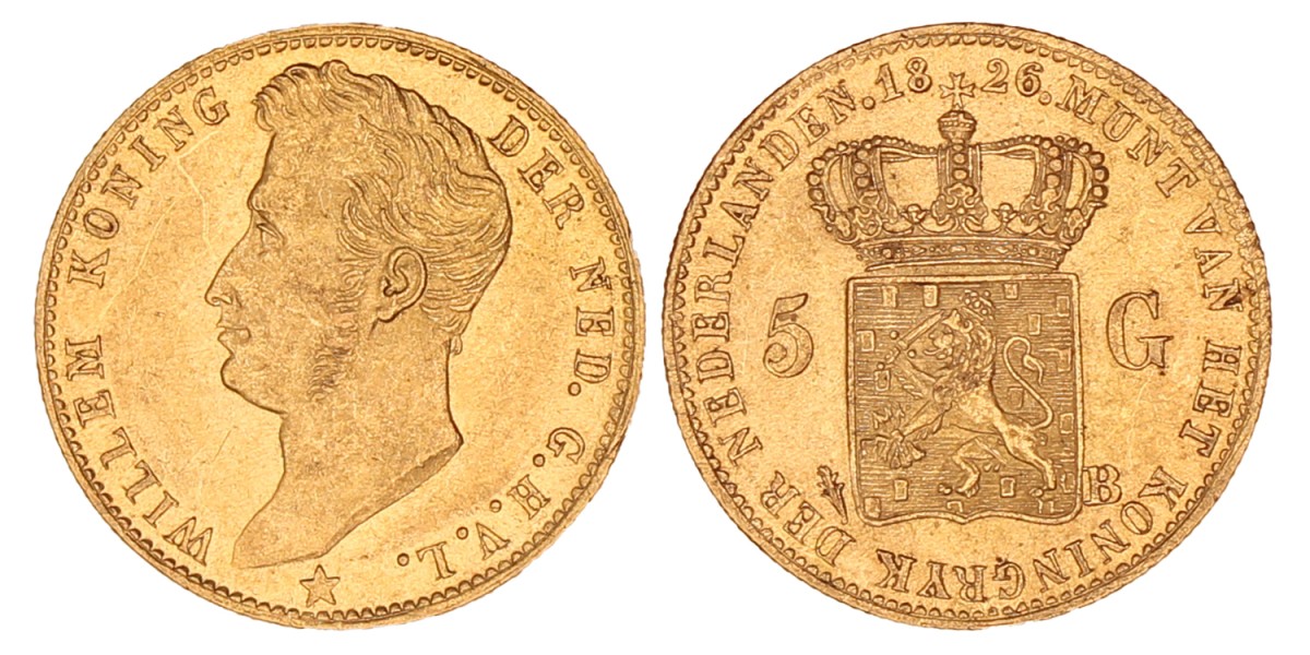 5 gulden goud. Willem I. 1826 B. Prachtig / UNC.