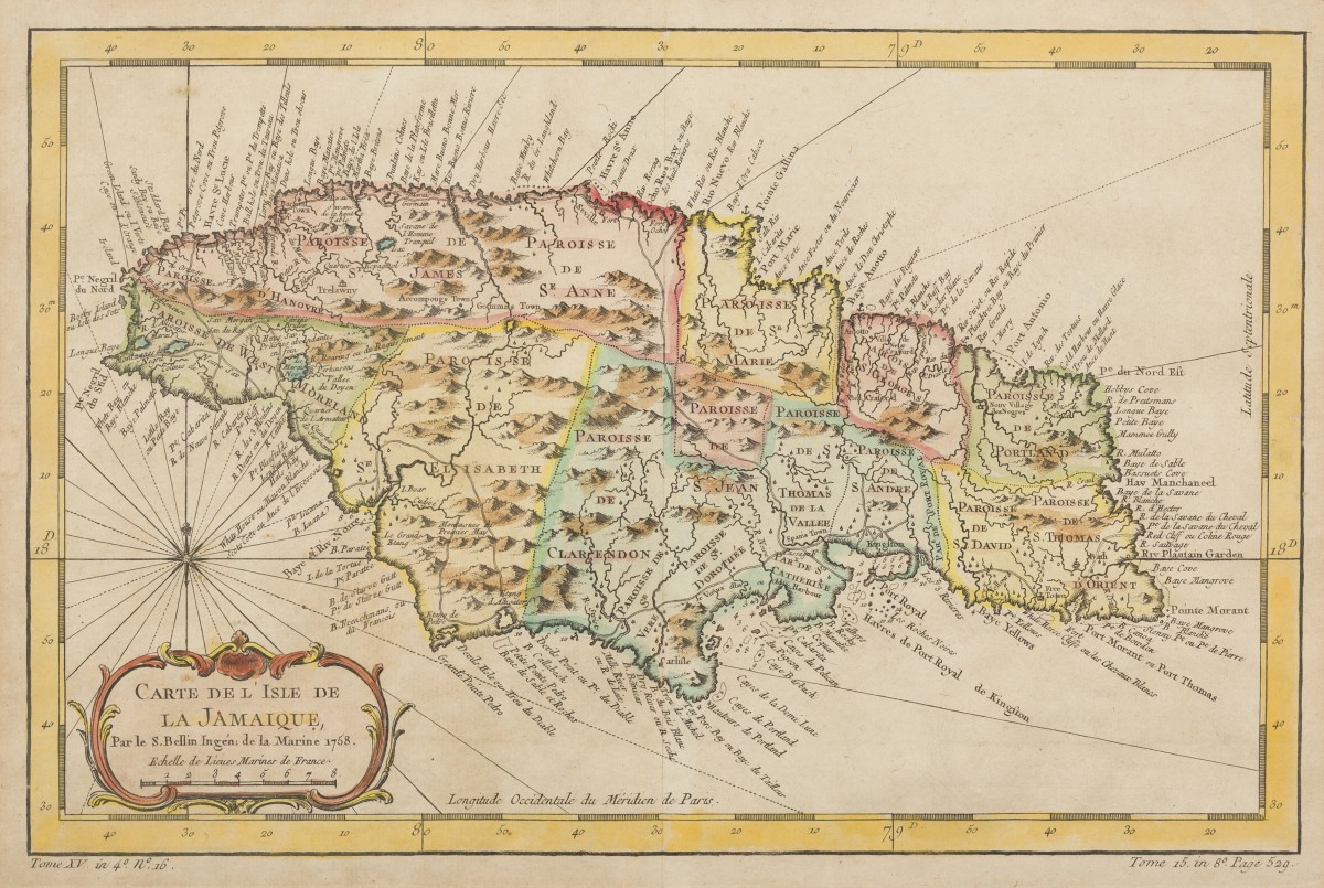 Jacques Nicolas Bellin (1703 - 1772), Een landkaart van Jamaica, par le S. Bellin, 1758.