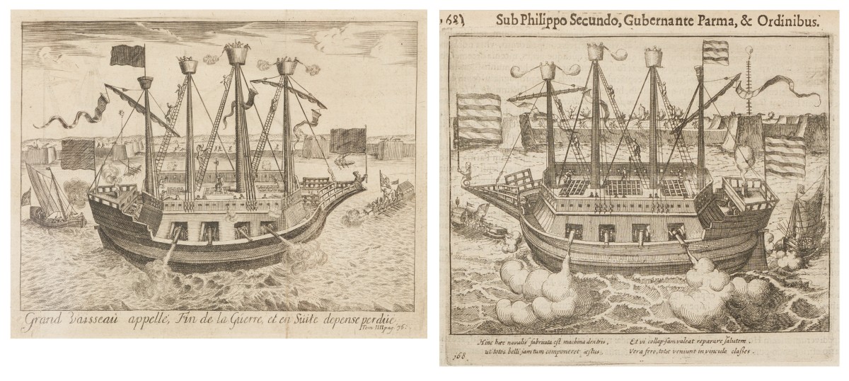 Toegeschreven aan: Lamberecht Causé (Amsterdam 1675 - ??) naar Frans Hogenberg (Mechelen 1535 – 1590 Keulen), Een gravure van het oorlogsschip "Fin de la Guerre", daarbij een andere gravure, eveneens van een schip, Antwerpen, 17e / begin 18e eeuw. 