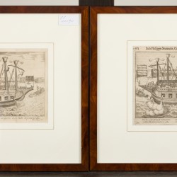 Toegeschreven aan: Lamberecht Causé (Amsterdam 1675 - ??) naar Frans Hogenberg (Mechelen 1535 – 1590 Keulen), Een gravure van het oorlogsschip "Fin de la Guerre", daarbij een andere gravure, eveneens van een schip, Antwerpen, 17e / begin 18e eeuw. 