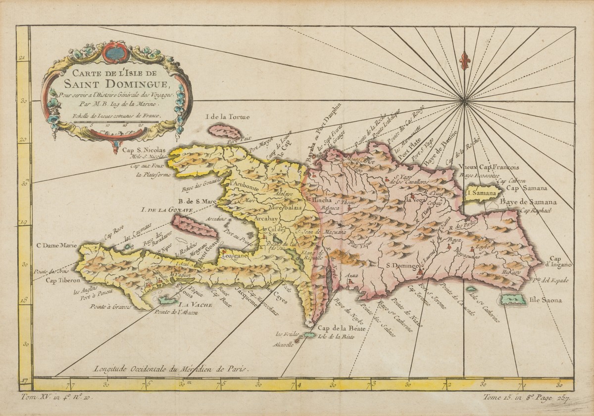 Rigobert Bonne (1727 - 1794); Nicolas Bellin (1703 - 1772) - Een landkaart van Guadeloupe, daarbij Dominique, koloniën van Frankrijk, 18e eeuw. 