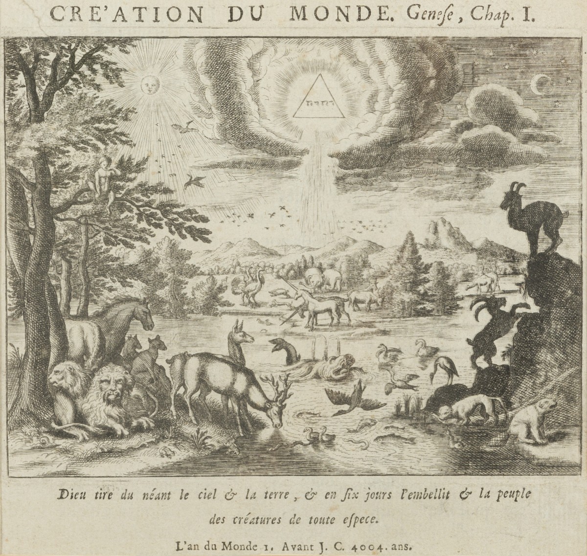 Een gravure voorstellende de Schepping van de wereld - Creation Du Monde, 4004 jaar v. Chr. - 18e eeuw.