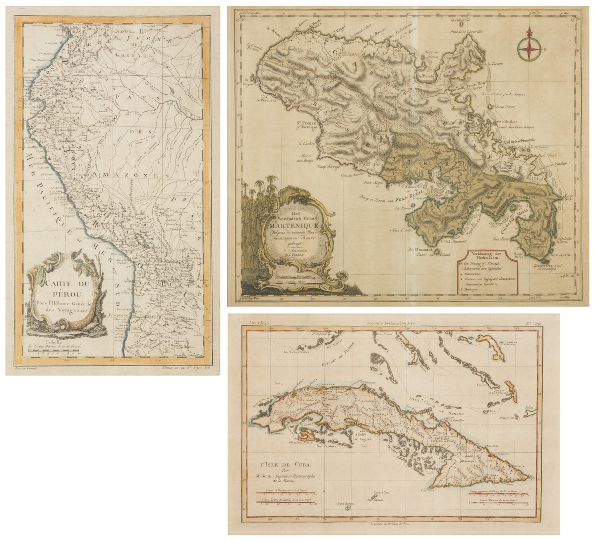 Drie landkaarten voorstellende diverse regio's in de wereld: Cuba (Rigobert Bonne), Peru (N. Bellin), Martinique (Tirion), 18e eeuw.