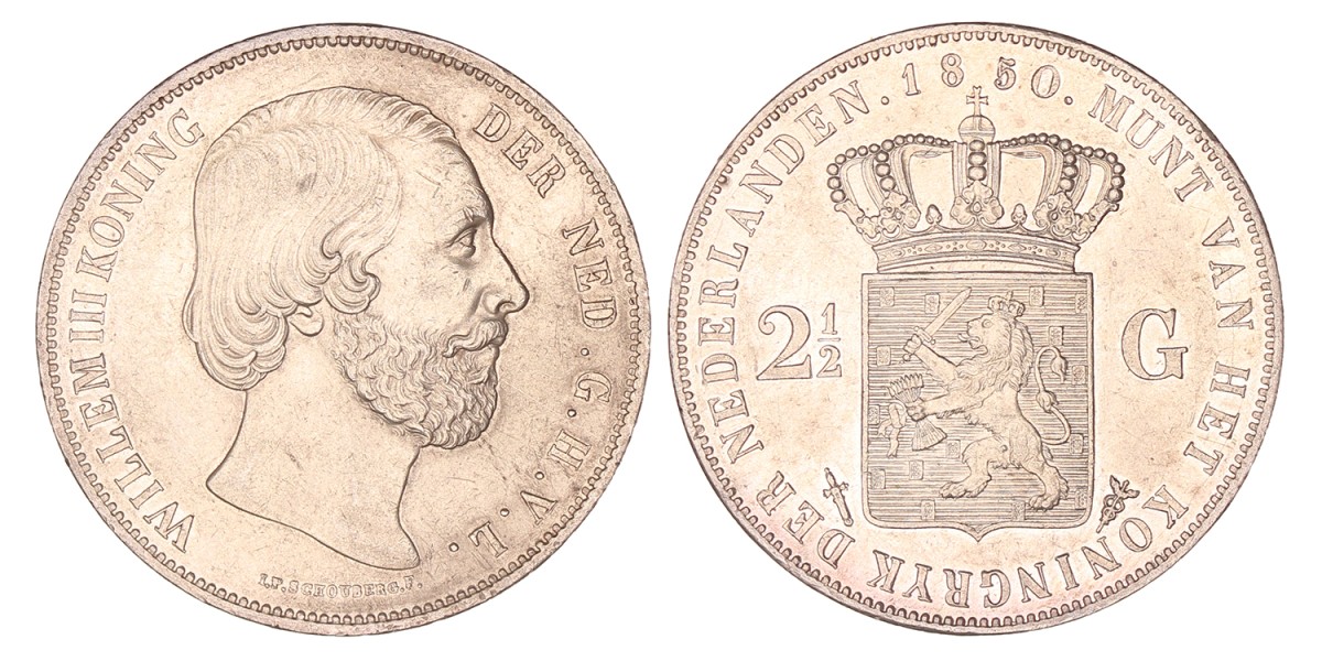 2½ Gulden. Willem III. 1850. Prachtig +.