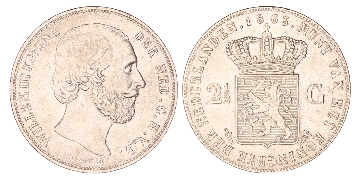 2½ Gulden. Willem III. 1863. Zeer Fraai +.