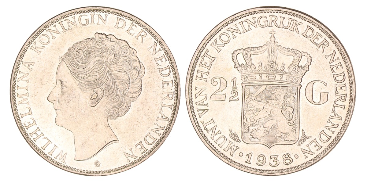 2½ gulden. Wilhelmina. 1938 Grofhaar. UNC.