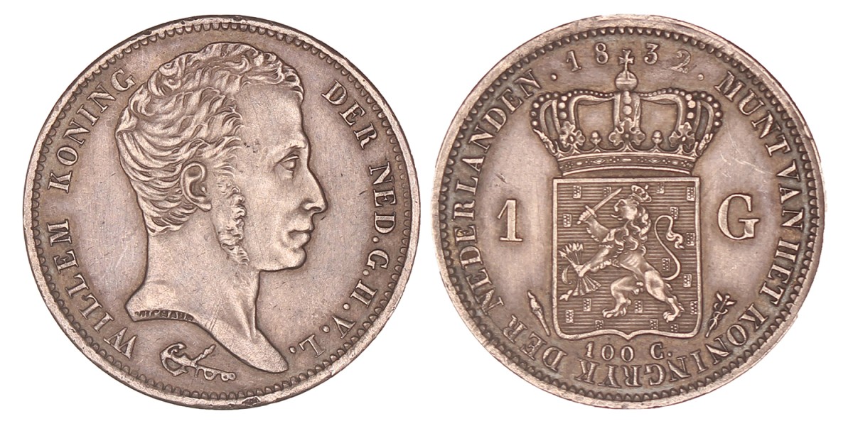 1 Gulden. Willem I. 1832. Prachtig +.