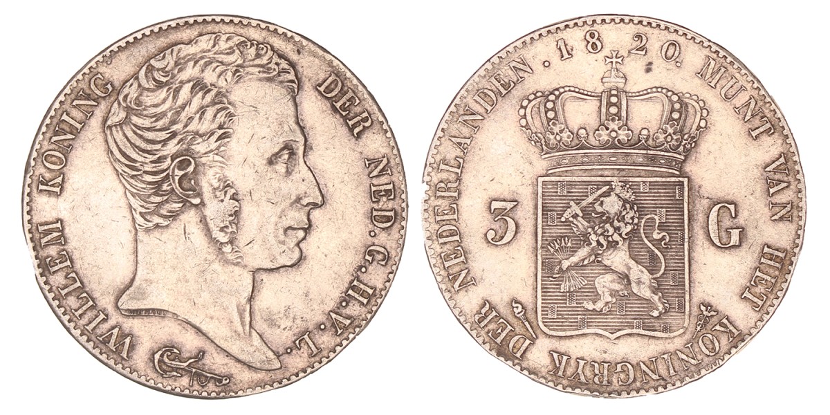 3 Gulden. Willem I. 1820 U. Zeer Fraai +.