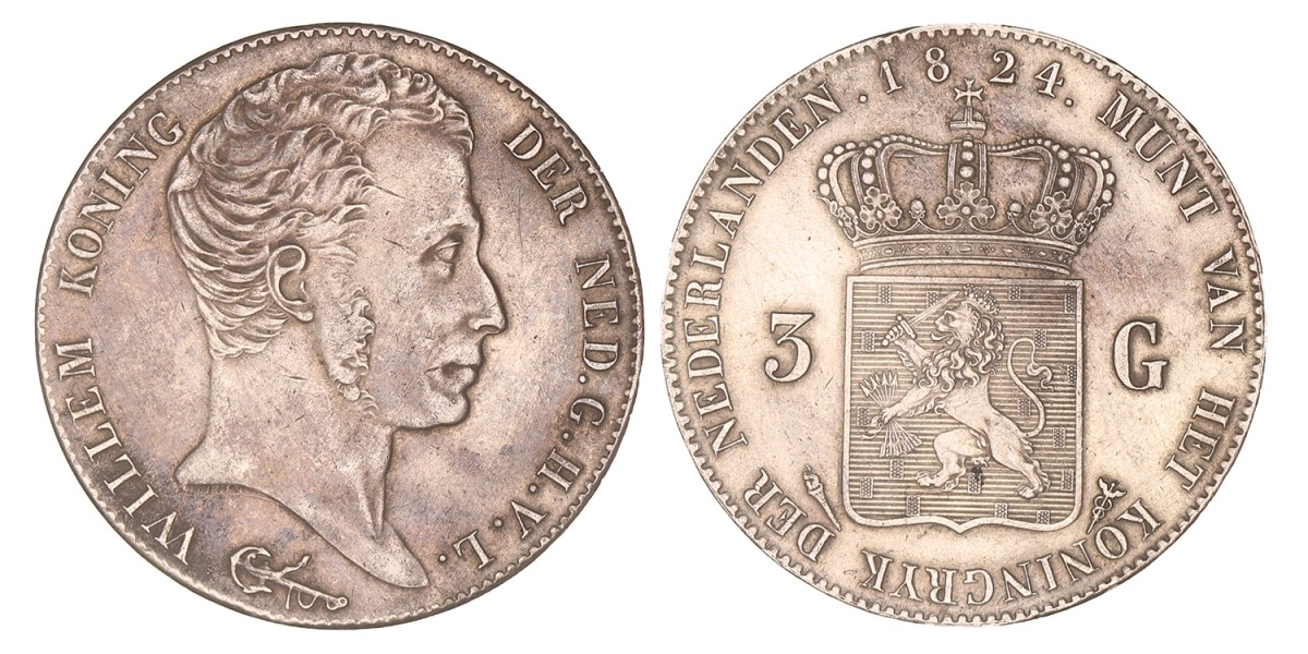 3 Gulden. Willem I. 1824 U. Prachtig.