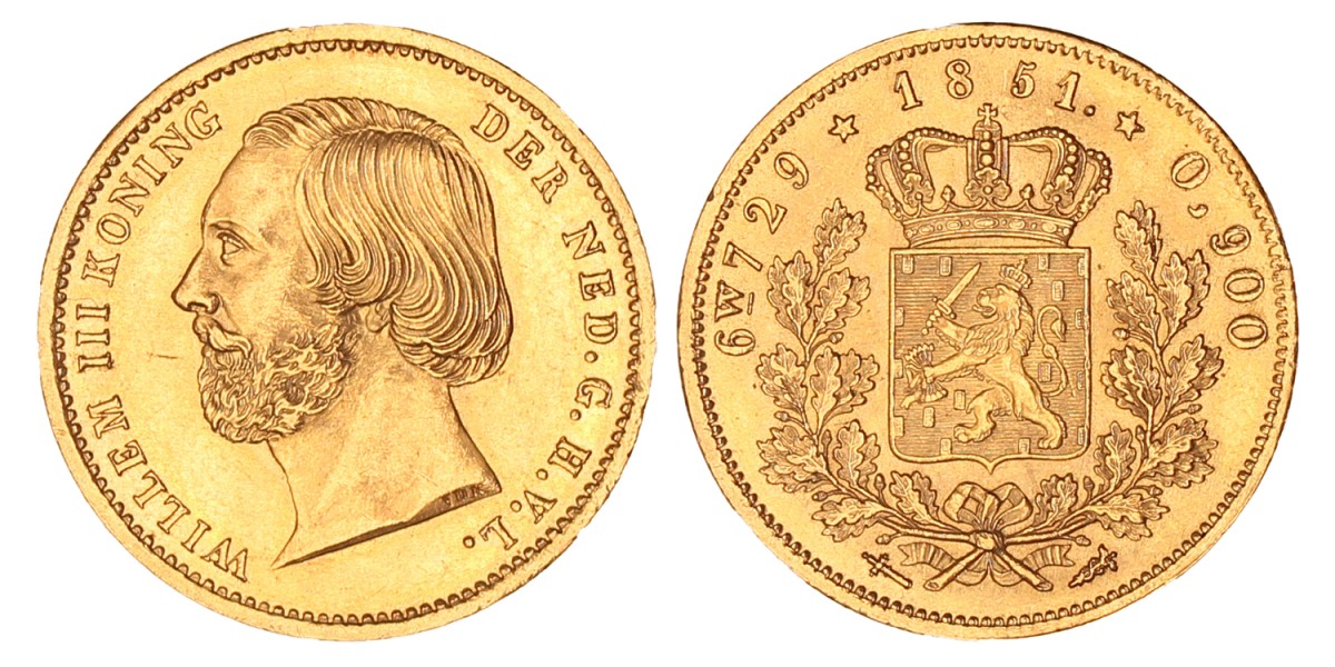 Gouden Willem (negotiepenning t.w.v. 10 Gulden). Willem III. 1851. Prachtig.