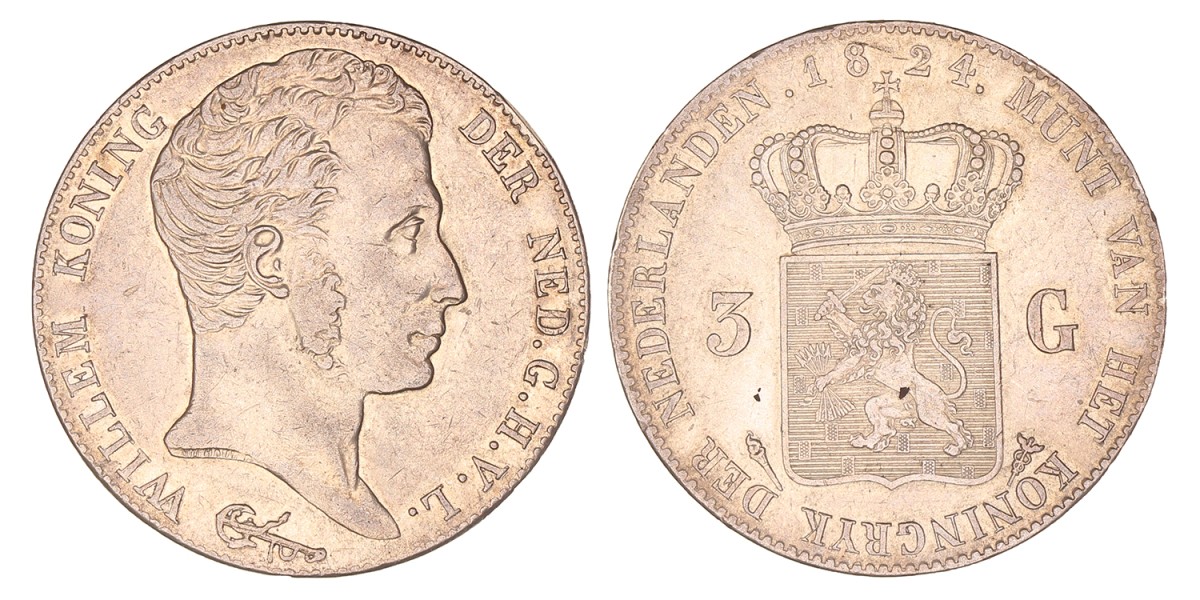 3 Gulden. Willem I. 1824 U. Zeer Fraai / Prachtig.