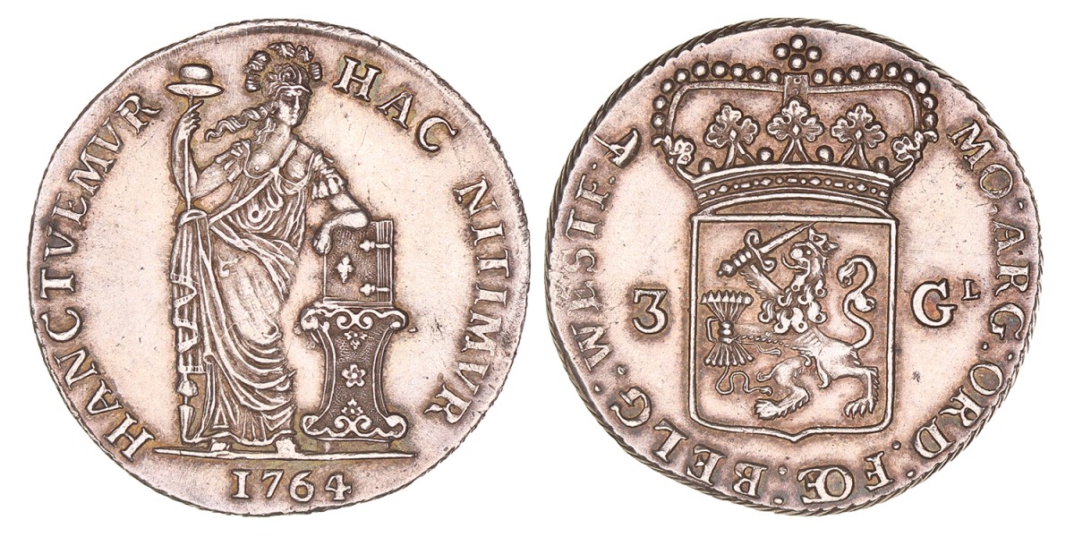 3 Gulden -generaliteits-. West-Friesland. 1764. Zeer Fraai / Prachtig.