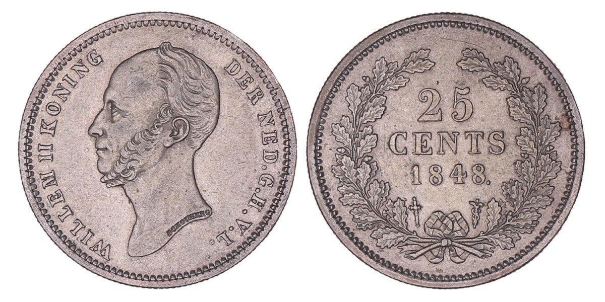 25 Cent Willem II 1848 met punt. Zeer fraai / Prachtig.