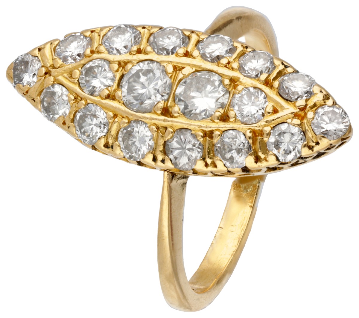 20 kt. Geelgouden vintage navette ring bezet met ca. 1.01 ct. diamant.