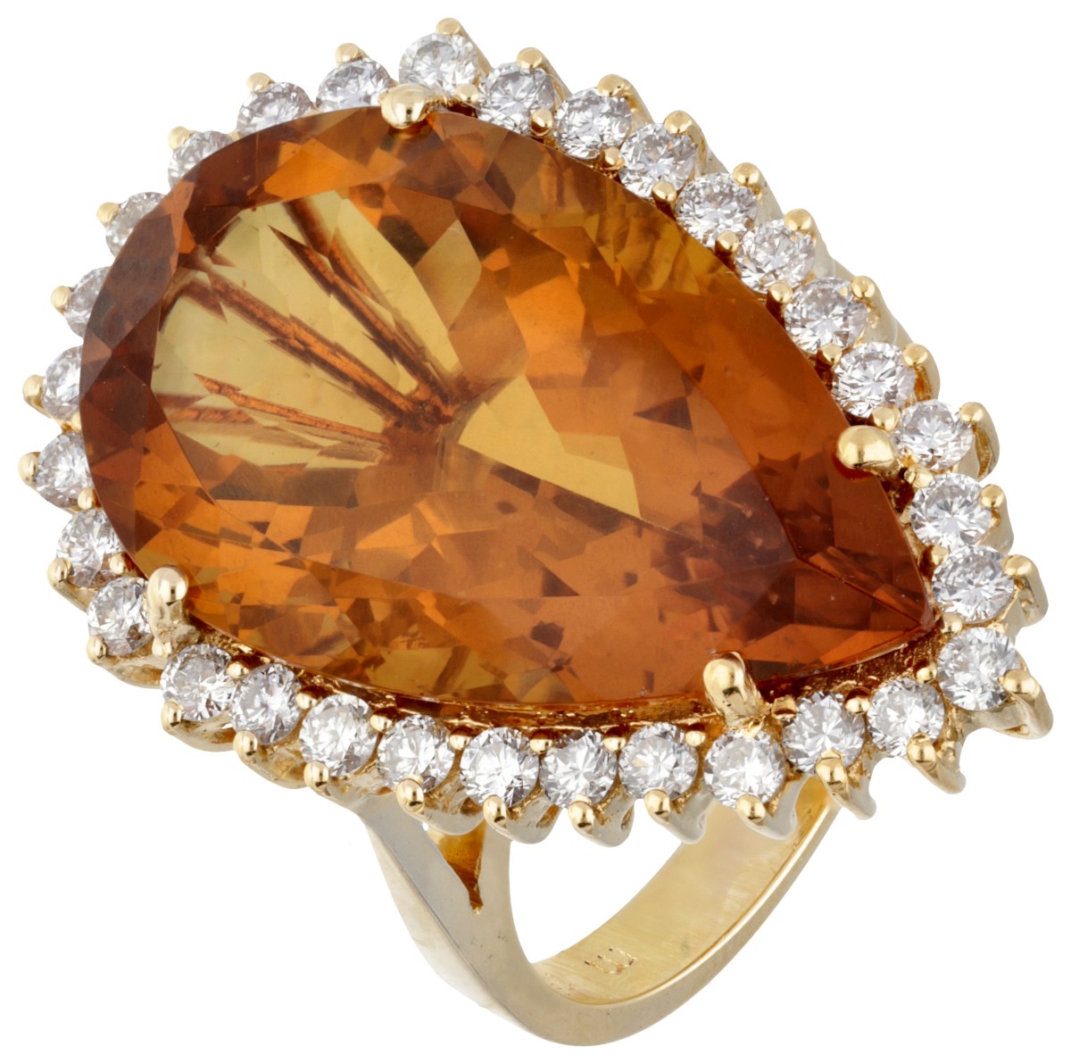 18 kt. Geelgouden Mimoza cocktail ring bezet met ca. 0.62 ct. diamant en kleursteen.