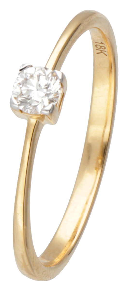 18 kt. Geelgouden solitair ring bezet met ca. 0.18 ct. diamant.