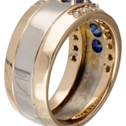 14 kt. Bicolor gouden band ring bezet met ca. 0.58 ct. diamant en ca. 1.21 ct. natuurlijke saffier.