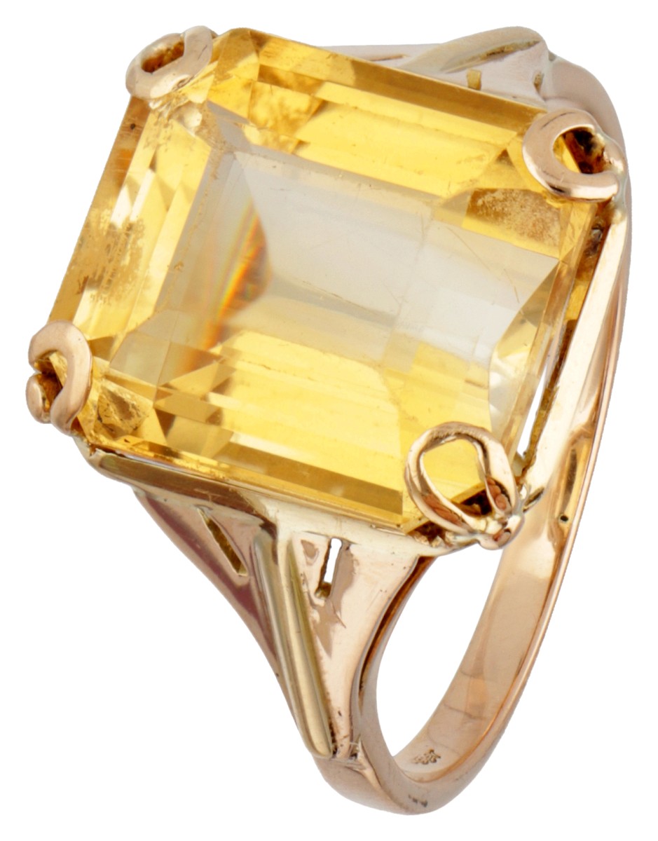 14 kt. Geelgouden vintage solitair ring bezet met ca. 7.80 ct. citrien.