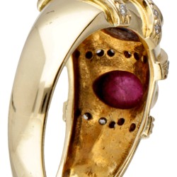 18 kt. Geelgouden vintage ring bezet met ca. 0.16 ct. diamant, natuurlijke saffier en robijn.