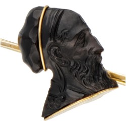 14 kt. Geelgouden vintage broche met een zwarte camee van Pythagoras.