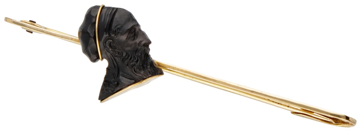 14 kt. Geelgouden vintage broche met een zwarte camee van Pythagoras.