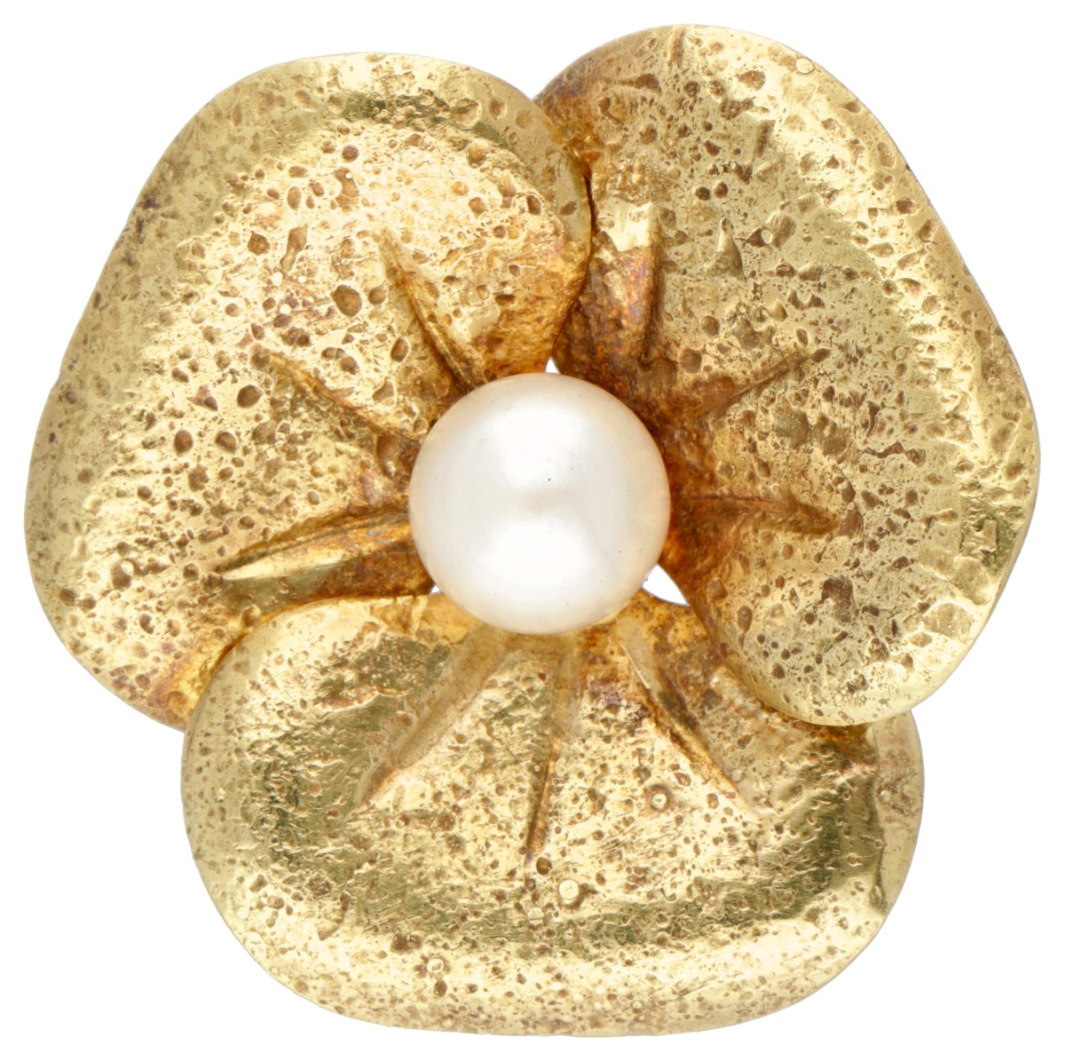 18 kt. Geelgouden De Regibus bloemvormige vintage broche bezet met een zoetwaterparel.