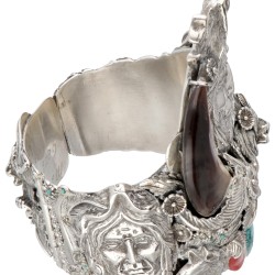 Géza Aranyos sterling zilveren Native American arm cuff met berenklauw, turkoois en bloedkoraal.